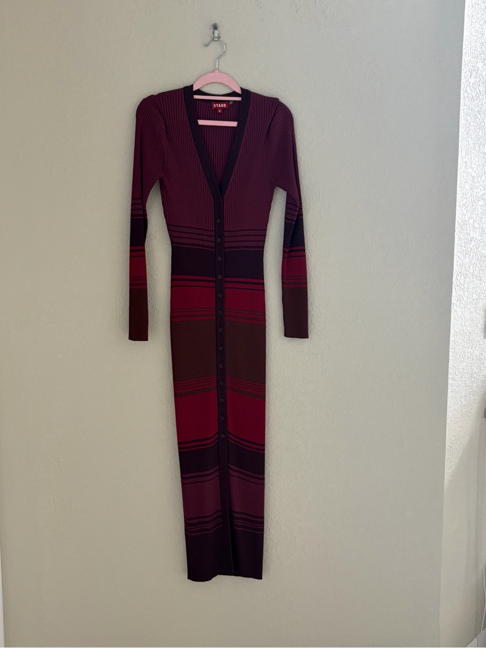 Staud Shoko Striped Rib Knit Button Down Sweater Dress Burgundy Size Medium